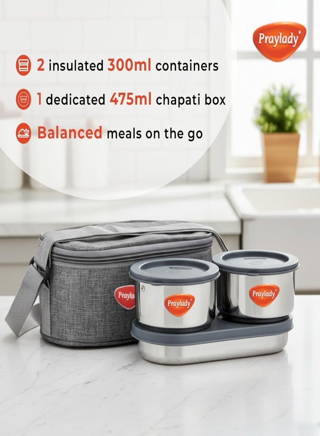 Praylady Lunch Mate Duo Plus | Insulated Lunch Box Set with 2 Stainless Steel 300ml Leak-Proof Containers & 1 Chapati Box (475ml) | Compact Lunch Carrier with Premium Bag | BPA-Free & Easy to Carry - Image 5