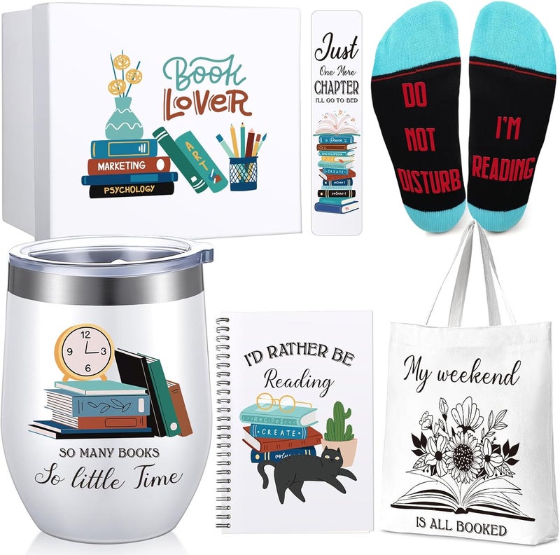 Rtteri 6 Pcs Book Lover Gifts for Women Librarian Gifts Bookish Tote Socks Tumbler Bookmark Notebook for Bookworm ReaderClassic  - Image 1