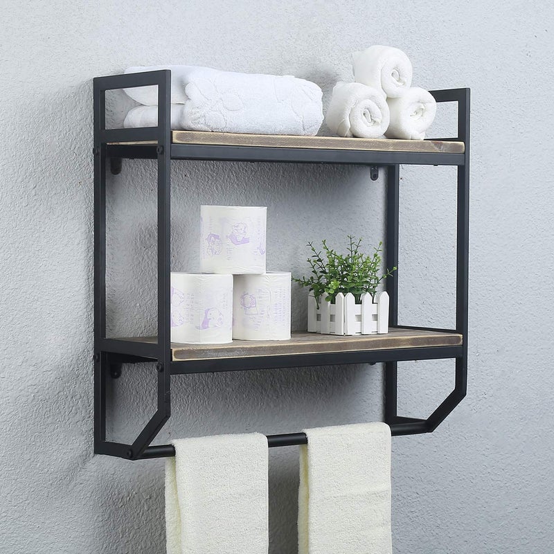 MBQQ Towel Rack with Towel Bar,2-Tier 24" Bathroom Shelves Wall Mounted,Rustic Wall Shelf Over Toilet,Utility Storage Shelf Rack,Floating Shelves Towel Holder,Black - Image 1
