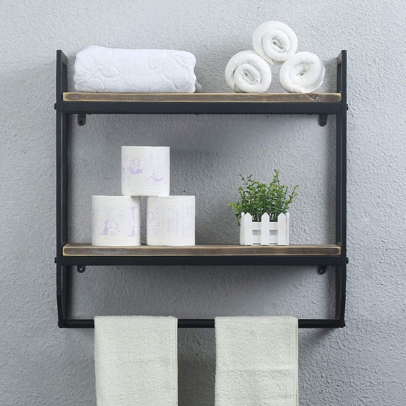 MBQQ Towel Rack with Towel Bar,2-Tier 24" Bathroom Shelves Wall Mounted,Rustic Wall Shelf Over Toilet,Utility Storage Shelf Rack,Floating Shelves Towel Holder,Black - Image 2