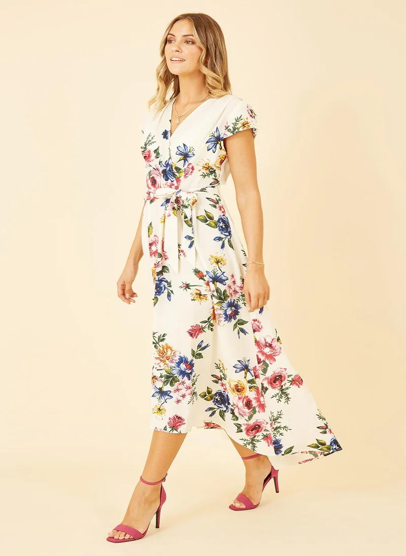 Yumi Yumi Ivory Floral Wrap Dip Hem Dress