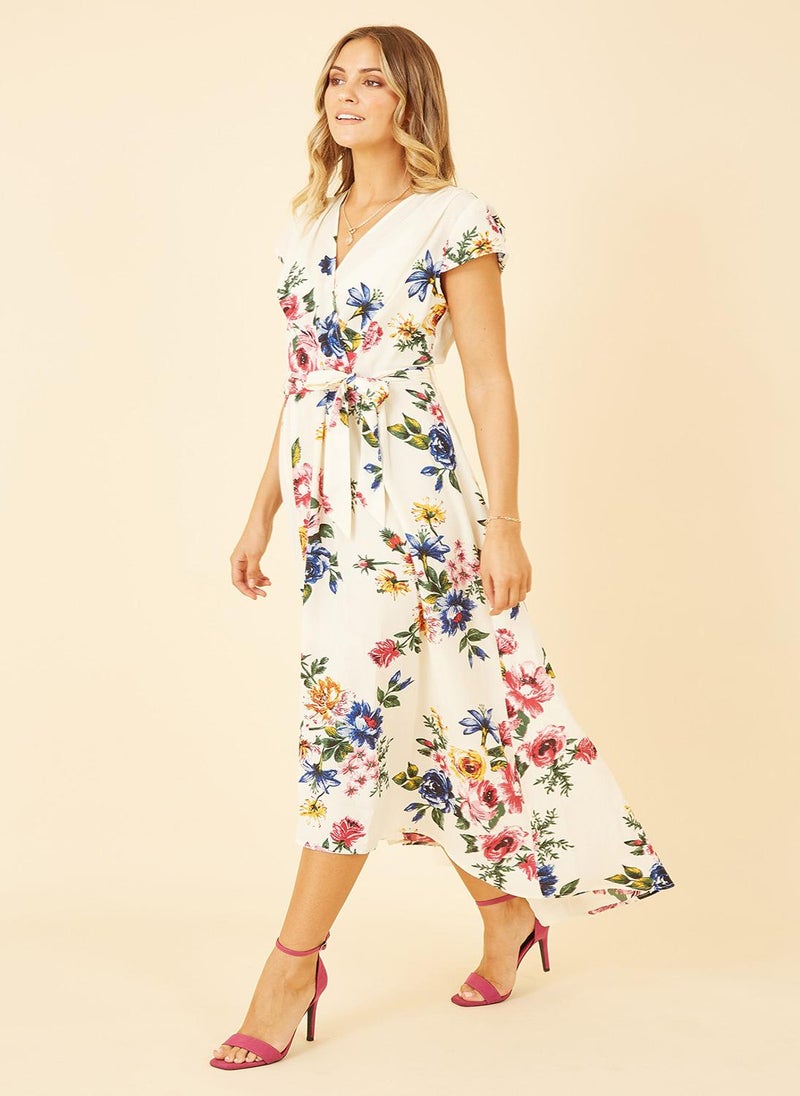 Yumi - Yumi Ivory Floral Wrap Dip Hem Dress - Image 1