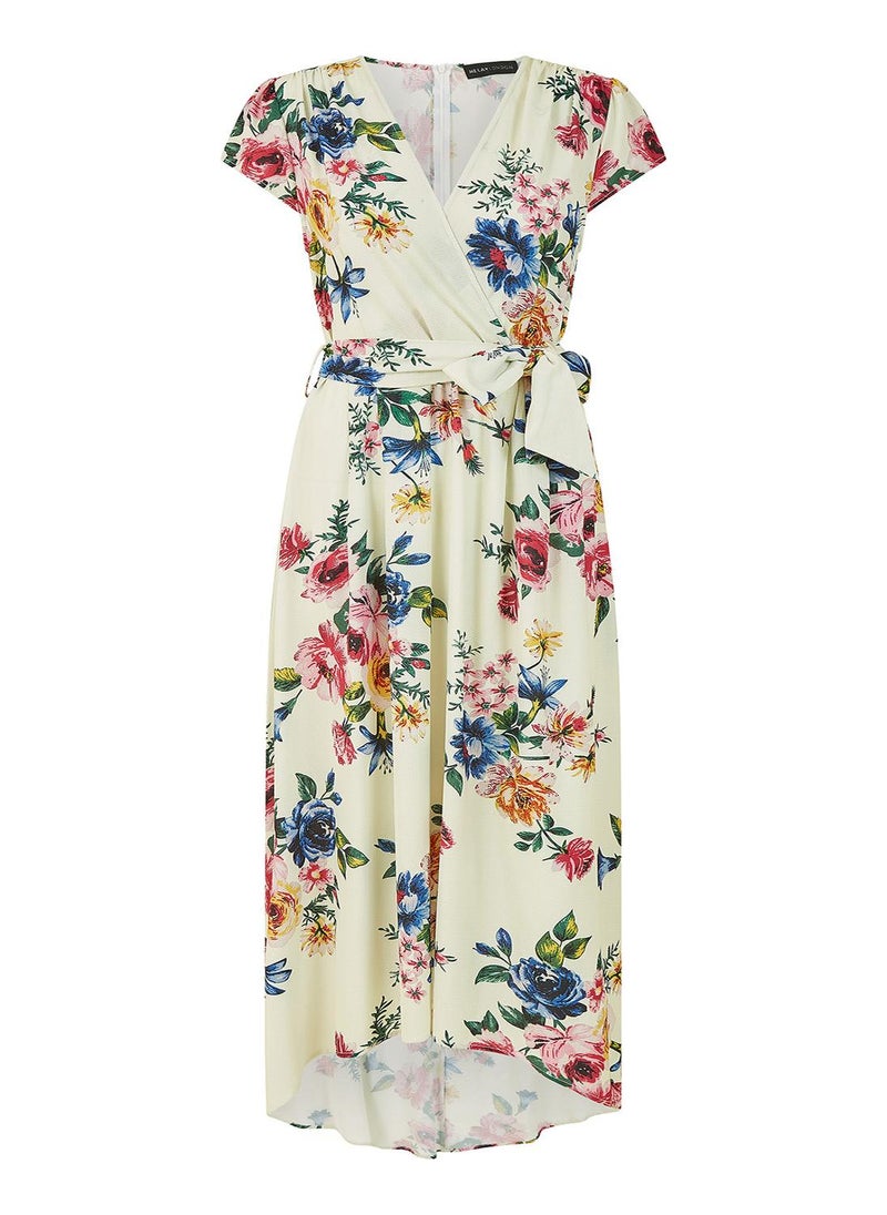 Yumi - Yumi Ivory Floral Wrap Dip Hem Dress - Image 1