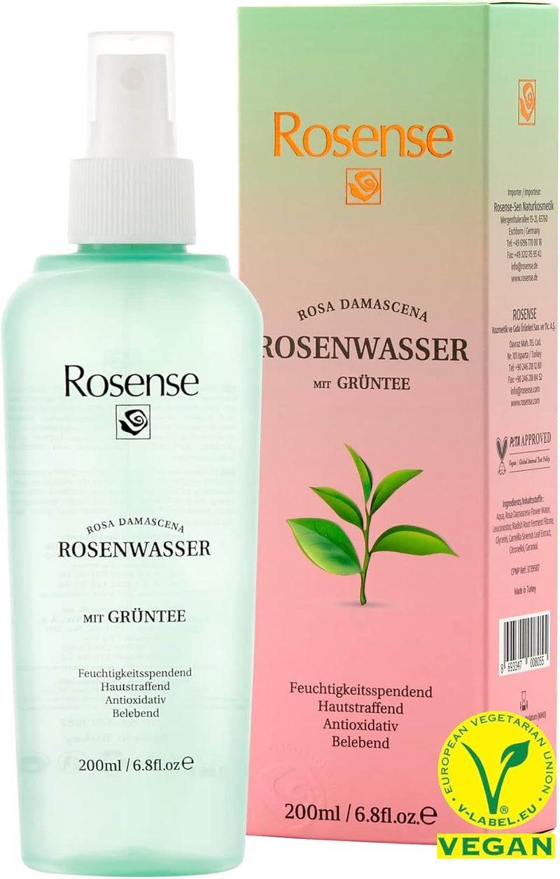 Rosense Rose Water Spray with Green Tea Moisturising Facial Toner Spray for Facial Cleansing Face Care Vegan 100 Natural 200 ml