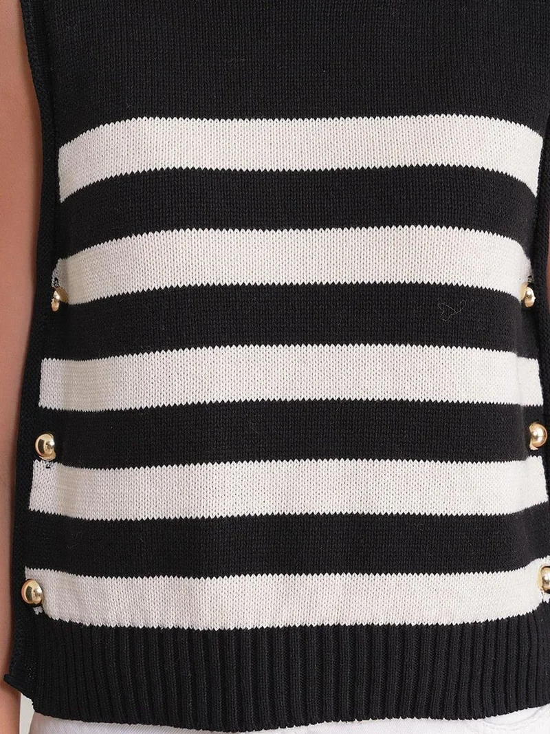 Mixray Black MIXRAY Striped Knit Top with Button Detail for Women | Best Price UAE