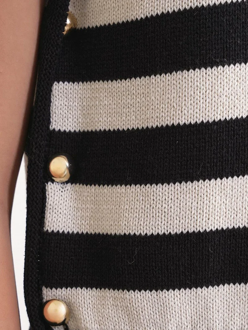 Mixray Black MIXRAY Striped Knit Top with Button Detail for Women | Best Price UAE