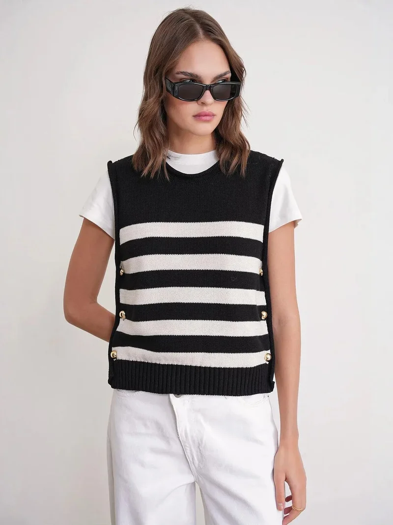 Mixray Black MIXRAY Striped Knit Top with Button Detail for Women | Best Price UAE