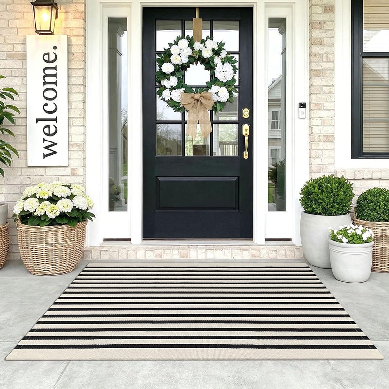 KOZYFLY 3'x5' Cotton Area Rug, Black and Beige Striped Outdoor Rug, Hand-Woven, Machine Washable, Perfect for Front Door, Kitchen, Living Room - Image 1