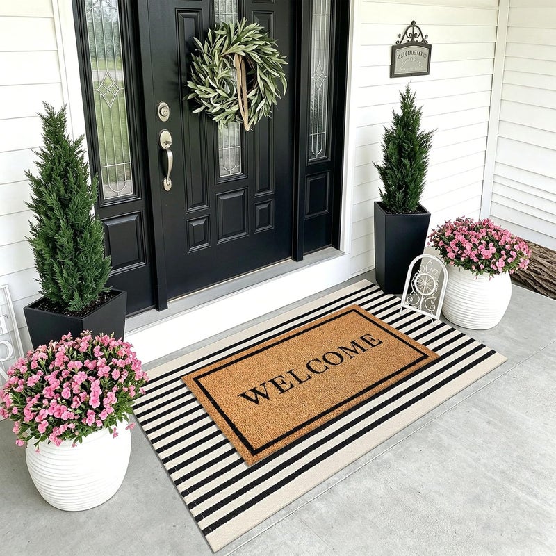 KOZYFLY 3'x5' Cotton Area Rug, Black and Beige Striped Outdoor Rug, Hand-Woven, Machine Washable, Perfect for Front Door, Kitchen, Living Room - Image 2