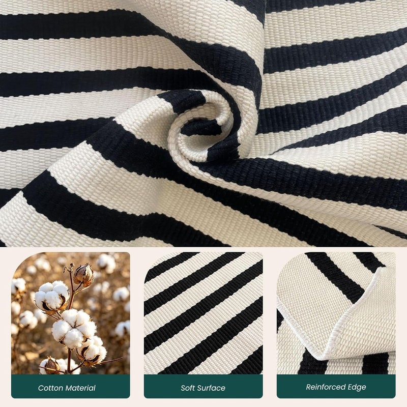 KOZYFLY 3'x5' Cotton Area Rug, Black and Beige Striped Outdoor Rug, Hand-Woven, Machine Washable, Perfect for Front Door, Kitchen, Living Room - Image 5