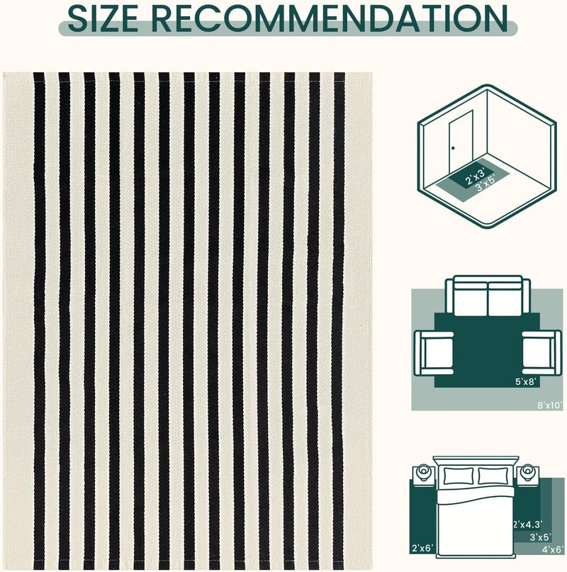 KOZYFLY 3'x5' Cotton Area Rug, Black and Beige Striped Outdoor Rug, Hand-Woven, Machine Washable, Perfect for Front Door, Kitchen, Living Room - Image 3