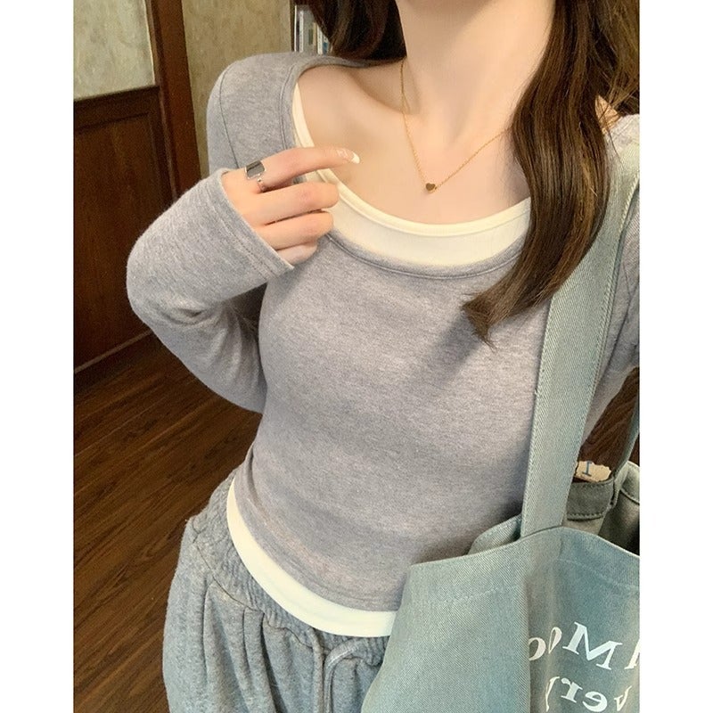 Design Sense Fake Two-Piece Color Matching Long-Sleeved T-Shirt Women'S Early Spring Slim-Fit Pure Desire Top With Base Shirt - Image 2