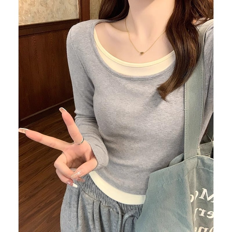 Design Sense Fake Two-Piece Color Matching Long-Sleeved T-Shirt Women'S Early Spring Slim-Fit Pure Desire Top With Base Shirt - Image 3