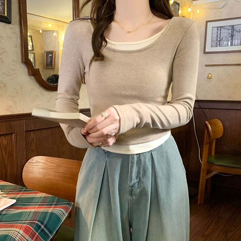 Design Sense Fake Two-Piece Color Matching Long-Sleeved T-Shirt Women'S Early Spring Slim-Fit Pure Desire Top With Base Shirt - Image 1