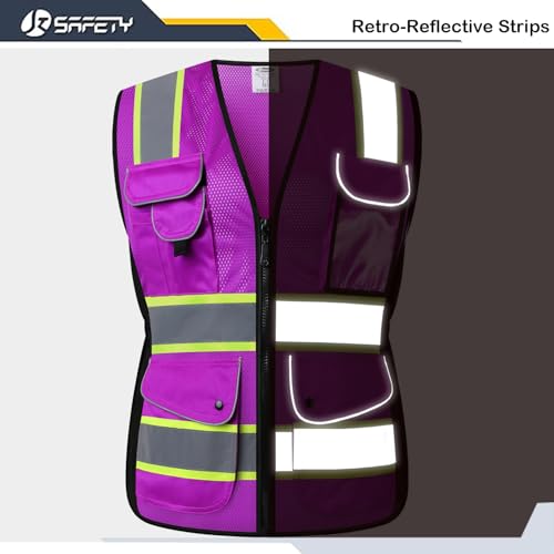 JKSafety 9 Pockets Women Hi-Vis Reflective Safety Vest | Mesh Neon Purple | Reflective Strips with Yellow Extended Trims | ANSI Compliant (168-Purple, L) - Image 2