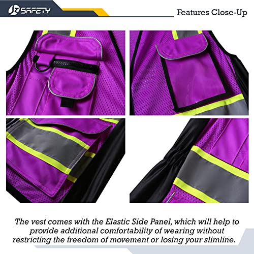 JKSafety 9 Pockets Women Hi-Vis Reflective Safety Vest | Mesh Neon Purple | Reflective Strips with Yellow Extended Trims | ANSI Compliant (168-Purple, L) - Image 3