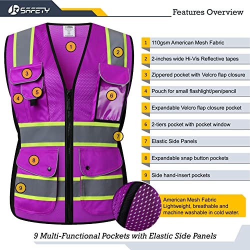 JKSafety 9 Pockets Women Hi-Vis Reflective Safety Vest | Mesh Neon Purple | Reflective Strips with Yellow Extended Trims | ANSI Compliant (168-Purple, L) - Image 4