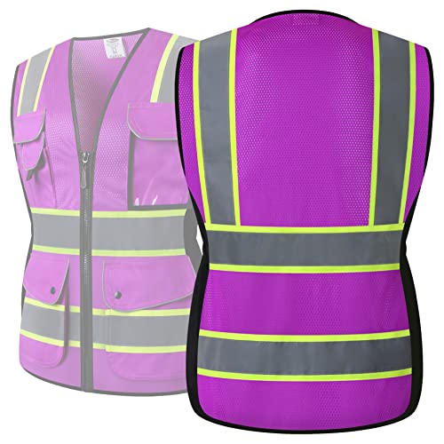 JKSafety 9 Pockets Women Hi-Vis Reflective Safety Vest | Mesh Neon Purple | Reflective Strips with Yellow Extended Trims | ANSI Compliant (168-Purple, L) - Image 5