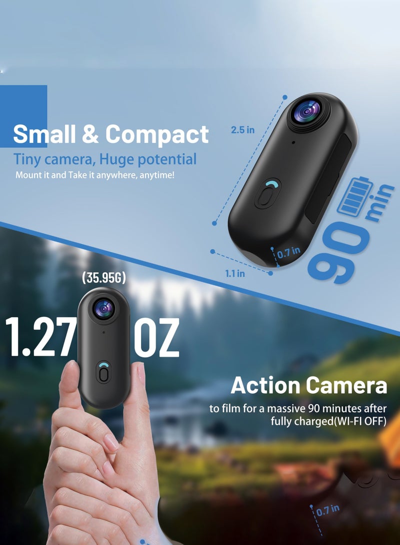 عربست كاميرا أكشن صغيرة بدقة 4K بسعة 128 جيجابايت، كاميرا محمولة للجسم، قابلة للارتداء، مسجل فيديو مع IPX7 مقاوم للماء تحت الماء، حامل للخوذة، كاميرا رياضية مغناطيسية للدراجة الهوائية، الحيوانات الأليفة، التدوين بالفيديو (أسود) - Image 2