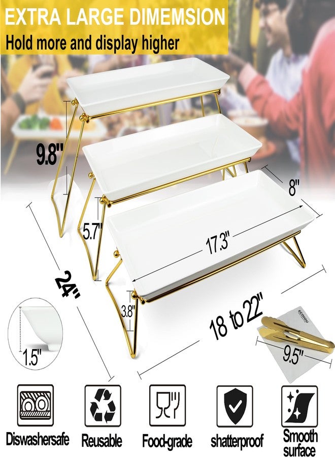 ECOIOU Extra Large 3 Tier Serving Tray, 24 x22 x 9.8 Inch Melamine Tiered Tray Stand and Platters for Party Buffet Entertaining, White and Gold - Image 5