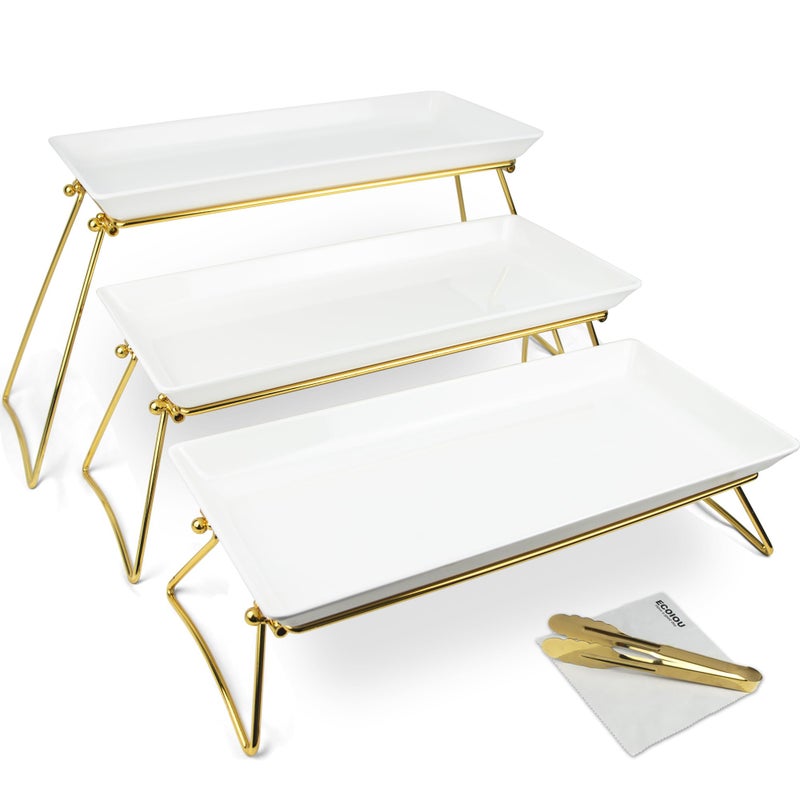 ECOIOU Extra Large 3 Tier Serving Tray, 24 x22 x 9.8 Inch Melamine Tiered Tray Stand and Platters for Party Buffet Entertaining, White and Gold - Image 1