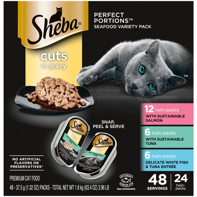 Sheba Wet Food Sheba Perfect Portions Wet Cat Food Cuts in Gravy Variety Pack, Sustainable Salmon, Sustainable Tuna, and Delicate White Fish & Tuna Entree, 2.6 oz., Twin-Pack Trays, (24 Count, 48 Servings) - Image 1