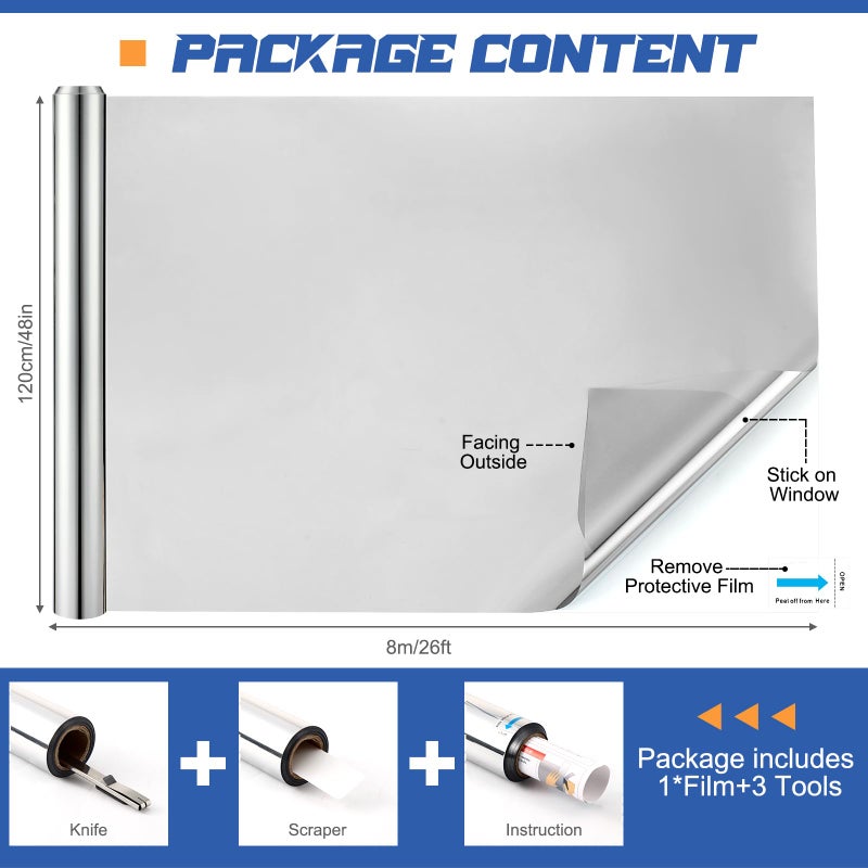 Pushglossy 48 Inch X 26 Ft One Way Window Tint Privacy Reflective Daytime Mirror Film Sun Blocking Thermal Insulated Film Heat Control Static Cling Anti UV for Home Office (Silver) - Image 1