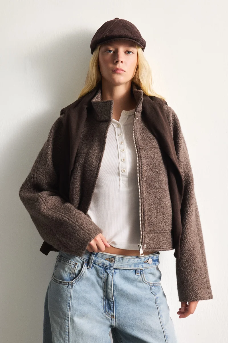 Defacto  Regular Fit Textured Wool-Blend Polo Collar Cropped Coat for Women | Best Price UAE