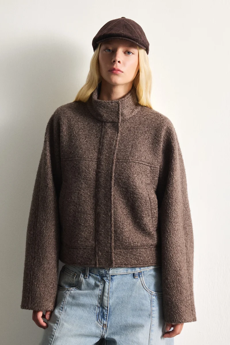 Defacto  Regular Fit Textured Wool-Blend Polo Collar Cropped Coat for Women | Best Price UAE