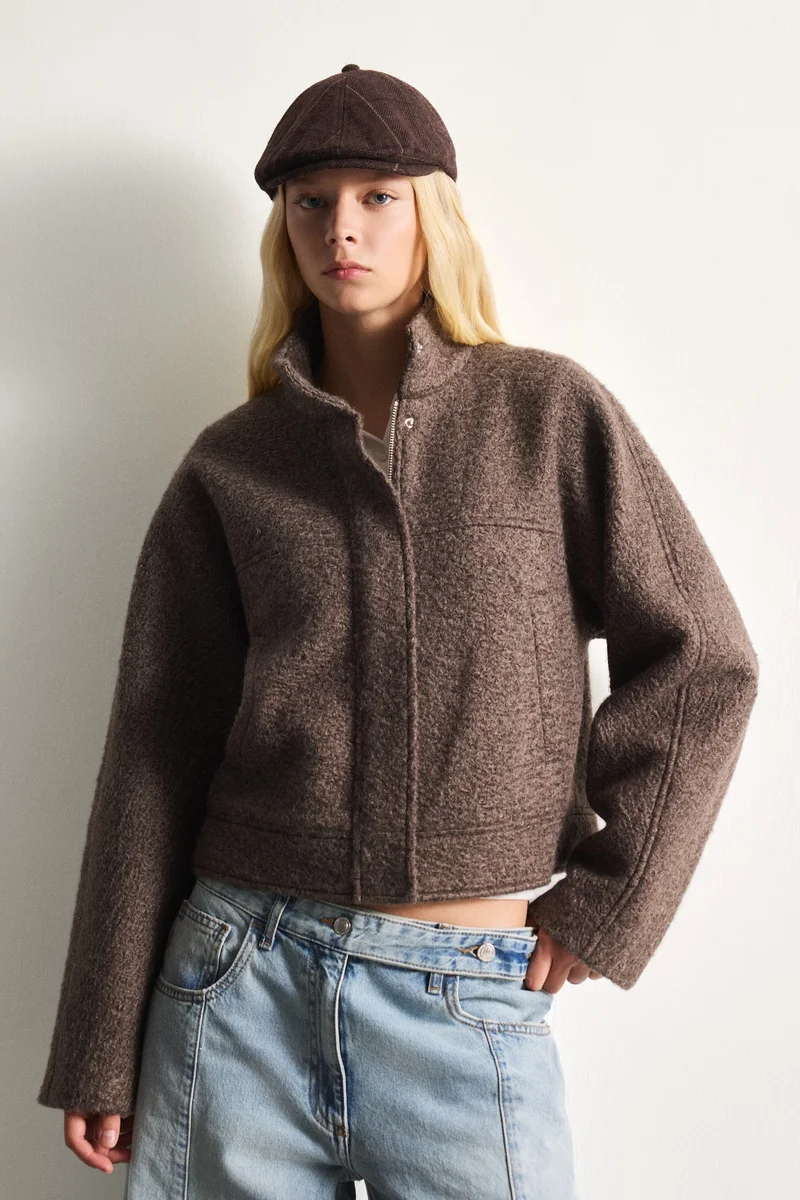Regular Fit Textured Wool-Blend Polo Collar Cropped Coat