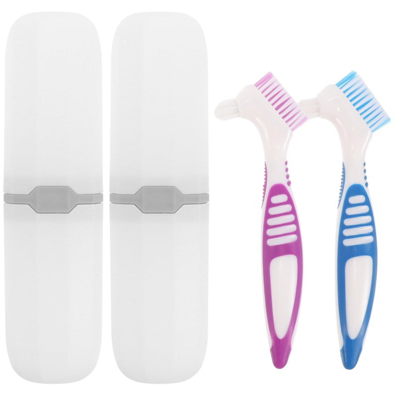 Healeved Denture Toothbrush Case Set with Double-Sided Brushes Portable Travel Toothbrush Storage Box for False Teeth Cleaning Compact Oral Care Solution 6.3X2X0.8 Inches - Image 1