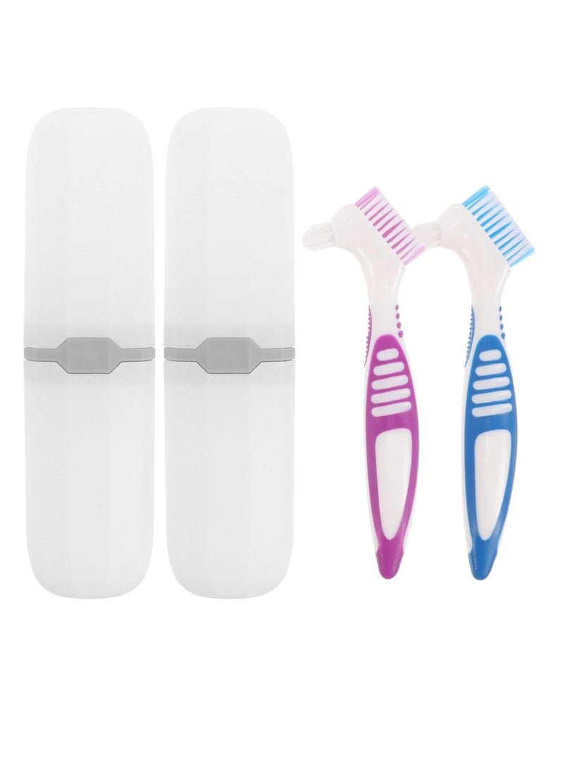 Healeved Healeved 2 Sets Denture with Toothbrush Cases, Denture Cleaning Personal Denture Toothbrush Small Double-Side Assorted Color  - Image 1