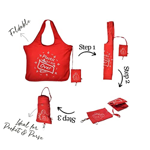 IVILLAGE Unisex Foldable Reusable Bags For Shopping, Stylish Designer Polyster Tote & Shopper Hand Bag, Compact, Lightweight, & Eco-Friendly Handbag With 12Kg Capacity - Red/Pink - Image 2
