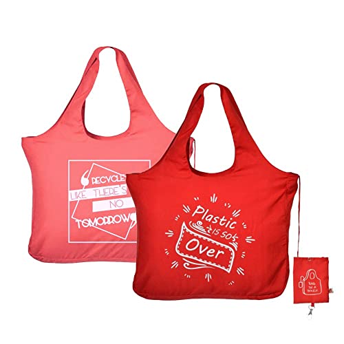 IVILLAGE Unisex Foldable Reusable Bags For Shopping, Stylish Designer Polyster Tote & Shopper Hand Bag, Compact, Lightweight, & Eco-Friendly Handbag With 12Kg Capacity - Red/Pink - Image 1