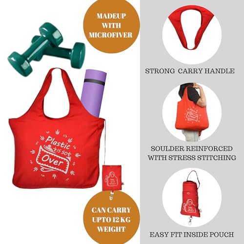 IVILLAGE Unisex Foldable Reusable Bags For Shopping, Stylish Designer Polyster Tote & Shopper Hand Bag, Compact, Lightweight, & Eco-Friendly Handbag With 12Kg Capacity - Red/Pink - Image 4