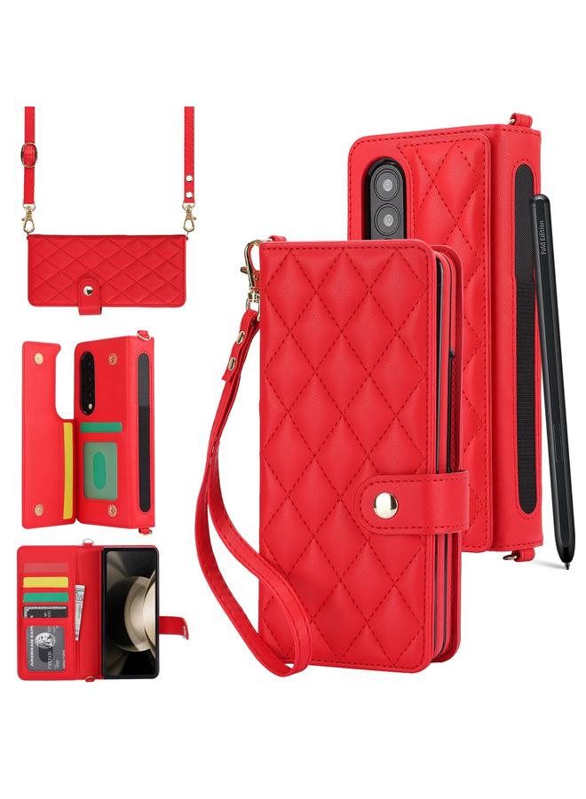 حافظة جلدية متعددة الاستخدامات على شكل معين لهاتف Samsung Galaxy Z Fold4 (أحمر)