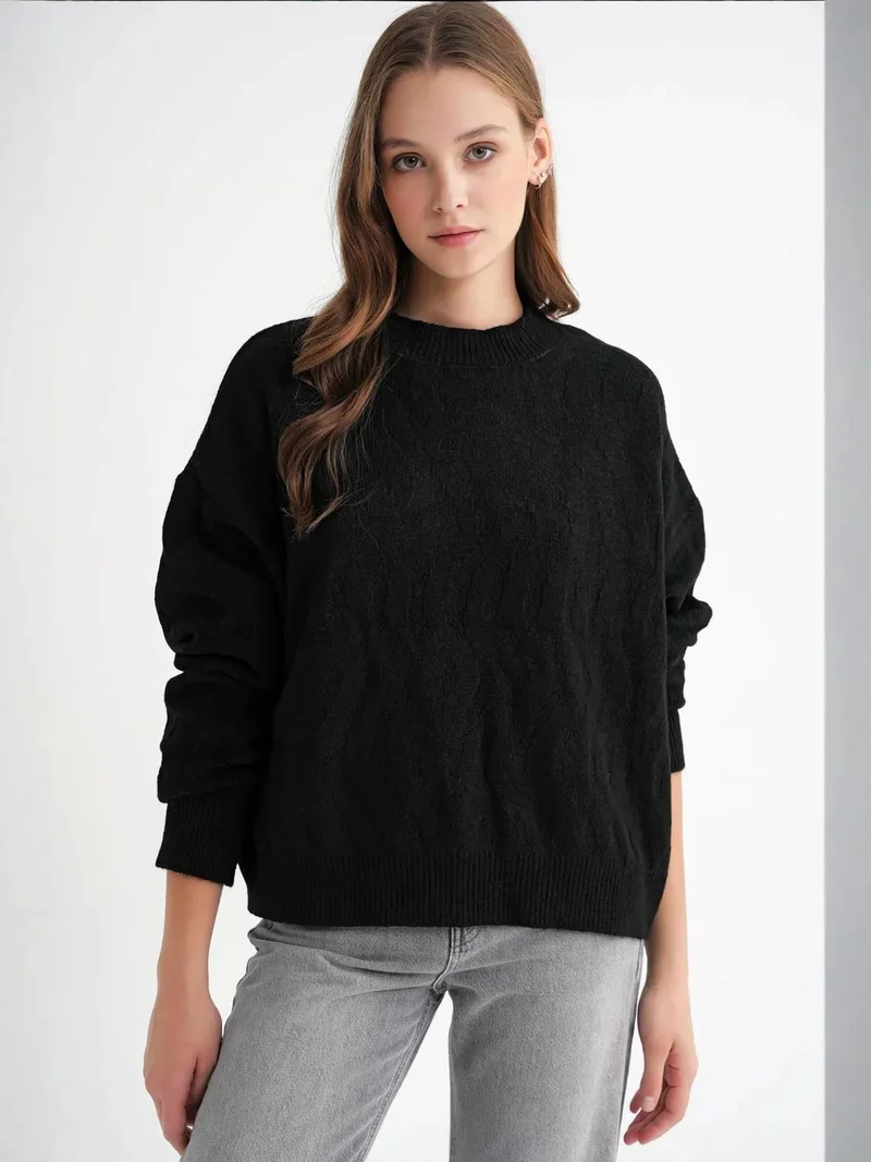 MixRay Mixray Ribbed Knitwear Pullover Sweater with Hair Braid Pattern