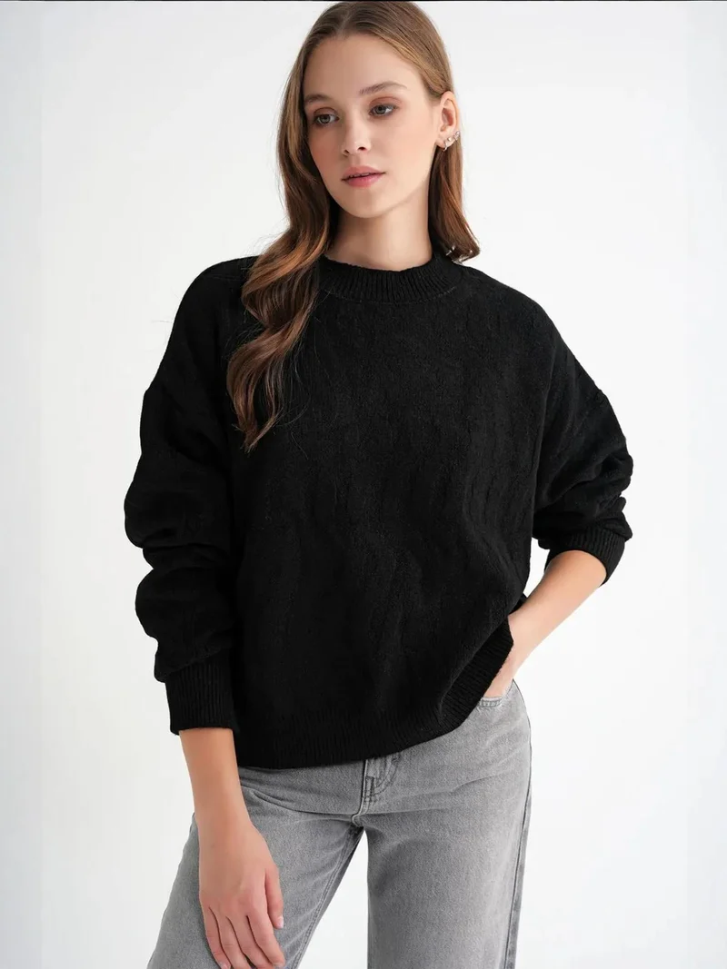 Mixray Black Mixray Ribbed Knitwear Pullover Sweater with Hair Braid Pattern for Women | Best Price UAE
