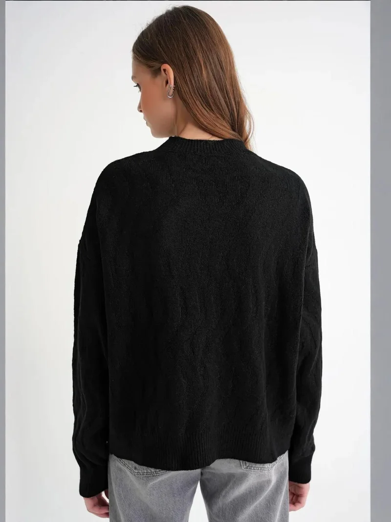 Mixray Black Mixray Ribbed Knitwear Pullover Sweater with Hair Braid Pattern for Women | Best Price UAE
