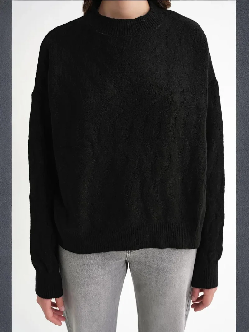 Mixray Black Mixray Ribbed Knitwear Pullover Sweater with Hair Braid Pattern for Women | Best Price UAE