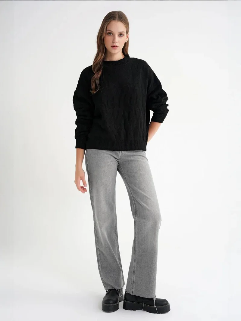 Mixray Black Mixray Ribbed Knitwear Pullover Sweater with Hair Braid Pattern for Women | Best Price UAE