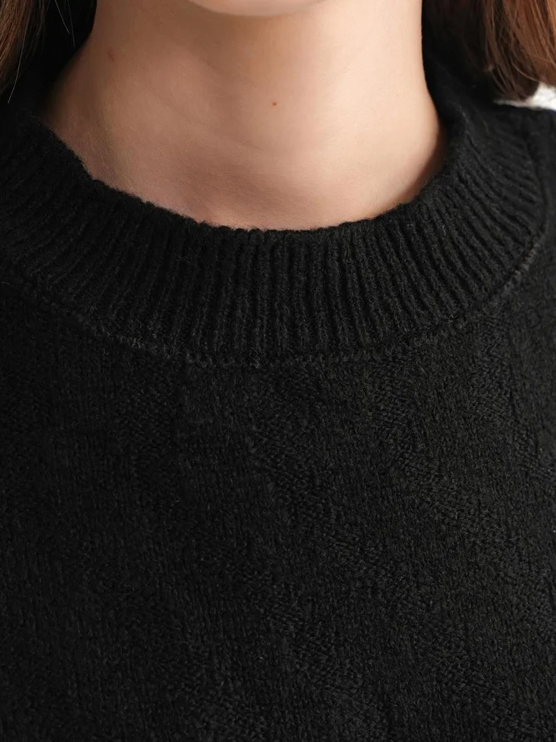 Mixray Black Mixray Ribbed Knitwear Pullover Sweater with Hair Braid Pattern for Women | Best Price UAE