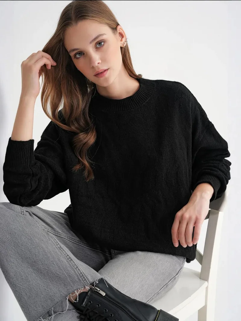 Mixray Black Mixray Ribbed Knitwear Pullover Sweater with Hair Braid Pattern for Women | Best Price UAE