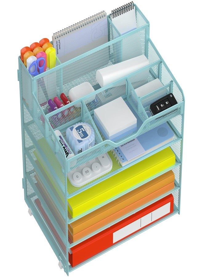 Docnest 5 Tier Mesh Desk Organizer for Paper Office Supplies – Multi-Functional Letter Tray with 5 Adjustable Compartments, 3 Pen Holders, Desktop Storage for Files, Mail, Stationery – Blue - Image 1