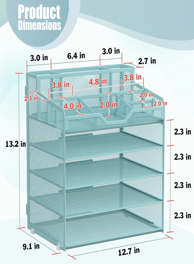Docnest 5 Tier Mesh Desk Organizer for Paper Office Supplies – Multi-Functional Letter Tray with 5 Adjustable Compartments, 3 Pen Holders, Desktop Storage for Files, Mail, Stationery – Blue - Image 2