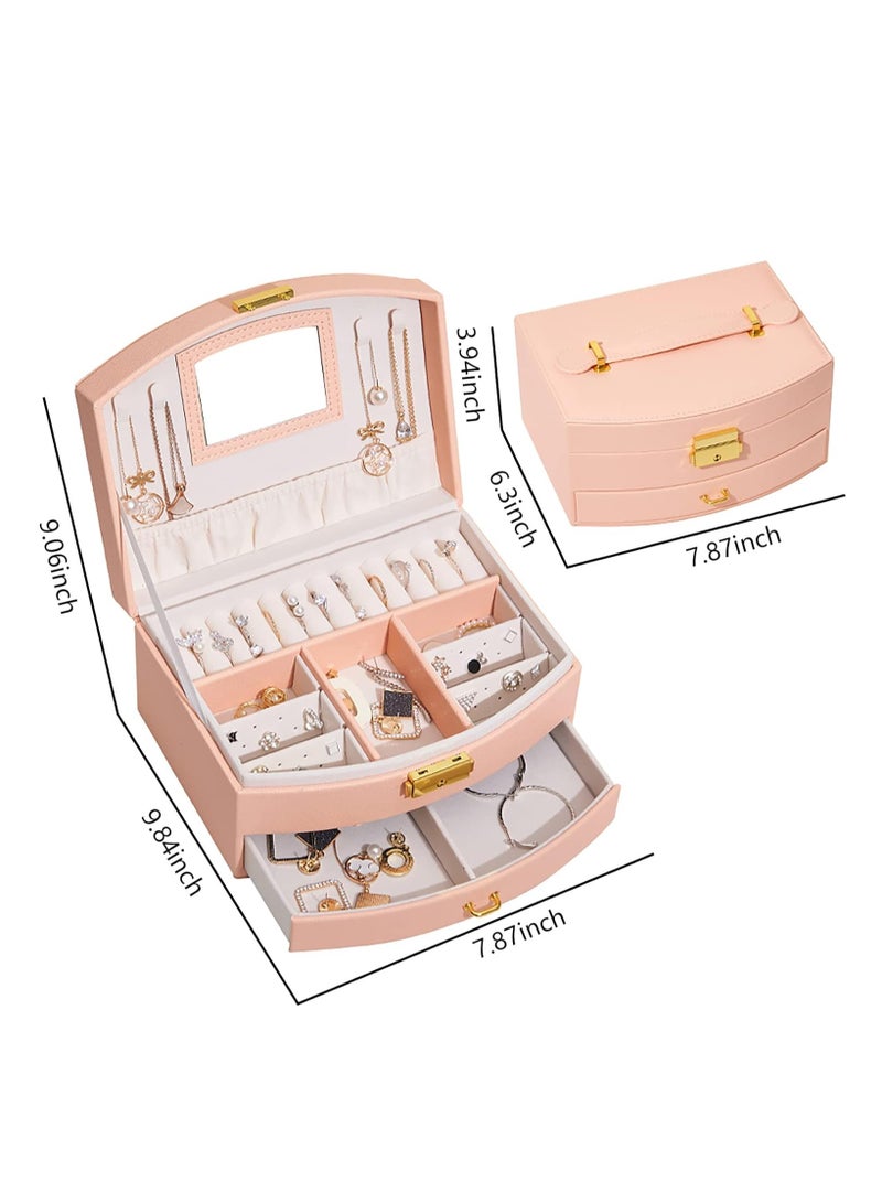 Jewelry Organizer Box 2 Layers Jewelry Case, PU Display Case with Mirror&Ring Tray, Rings Earring Necklace Bracelet Display and Storage Case for Women Girl Pink  - Image 2