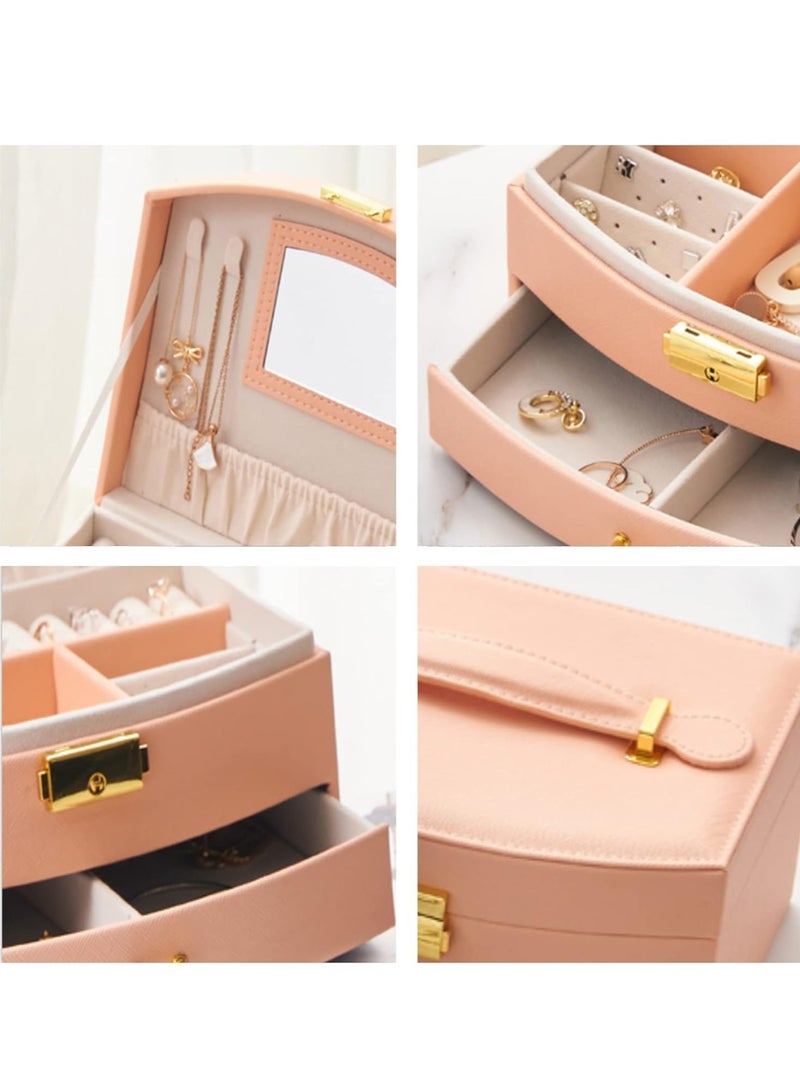 Jewelry Organizer Box 2 Layers Jewelry Case, PU Display Case with Mirror&Ring Tray, Rings Earring Necklace Bracelet Display and Storage Case for Women Girl Pink  - Image 3