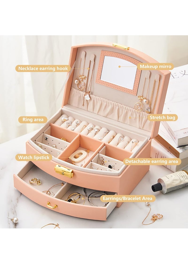 Jewelry Organizer Box 2 Layers Jewelry Case, PU Display Case with Mirror&Ring Tray, Rings Earring Necklace Bracelet Display and Storage Case for Women Girl Pink  - Image 4