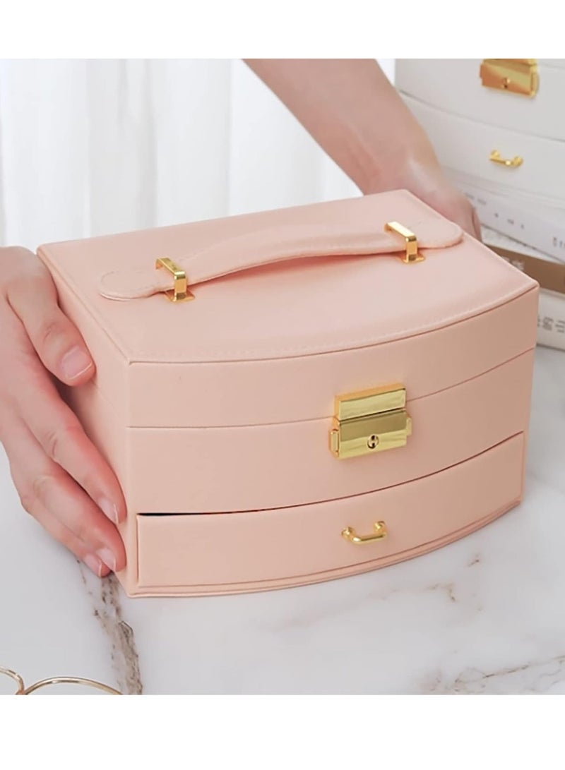 Jewelry Organizer Box 2 Layers Jewelry Case, PU Display Case with Mirror&Ring Tray, Rings Earring Necklace Bracelet Display and Storage Case for Women Girl Pink  - Image 5