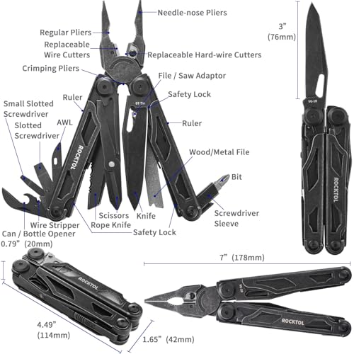 ROCKTOL Multitool, VG-10 Blade, 29-in-1 Multitool Pliers with Replaceable Wire Cutters and Saw, Heavy-duty Stainless Steel Multi-tool Set and Nylon Sheath for Camping Survival multi tool for Man - Image 5